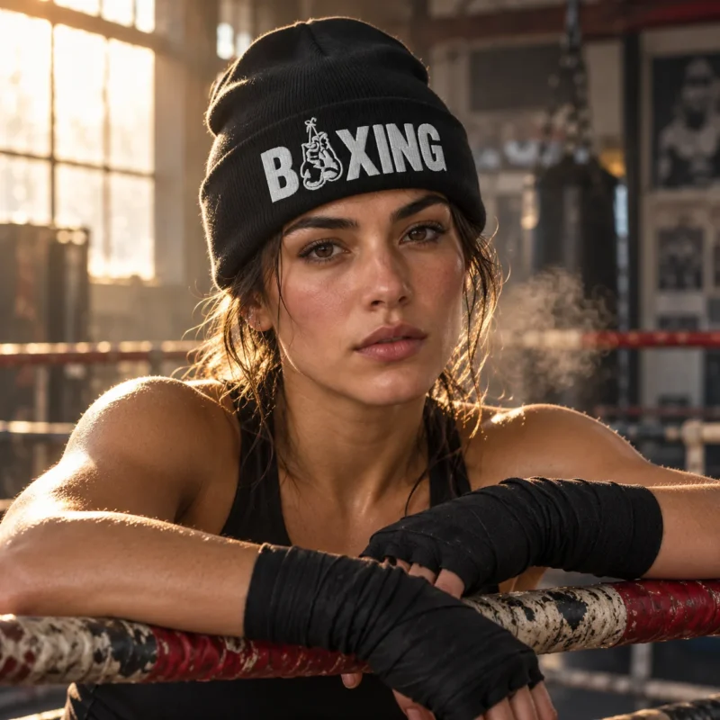 Bonnet en maille avec la broderie « BOXING » sur le devant, dont le « O » est remplacé par une paire de gants de boxe suspendus.