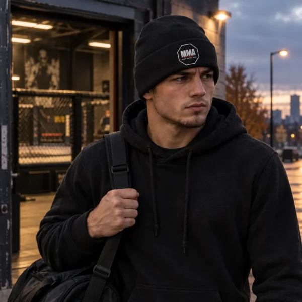 Bonnet en maille avec, brodé sur le devant, un logo « MMA » dans un contour octogonal, souligné d'un trait rouge et accompagné de la mention « Mixed Martial Arts ».