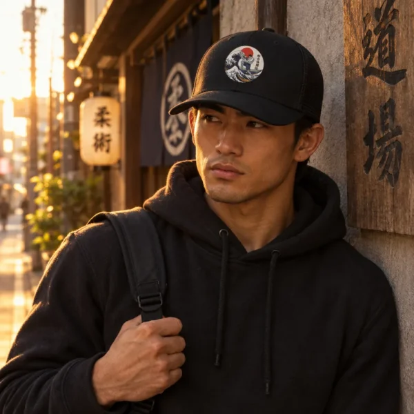 Casquette trucker rétro avec, brodé sur le devant, un médaillon façon estampe japonaise montrant un combattant de MMA au genou volant qui surgit de la Grande Vague de Kanagawa devant un soleil rouge.