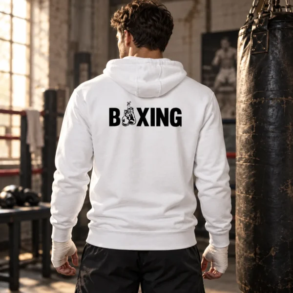 Hoodie unisexe vu de dos, avec le mot BOXING en grosses capitales dont le O est remplacé par une paire de gants de boxe suspendus par leurs lacets.