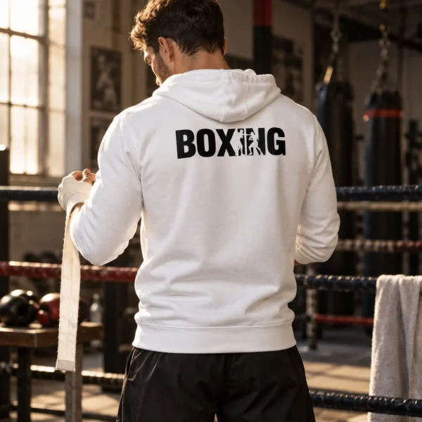 Hoodie unisexe avec, imprimé au dos, le mot « BOXING » en lettres noires où le I et le N laissent apparaître en négatif deux boxeurs en plein échange de coups.