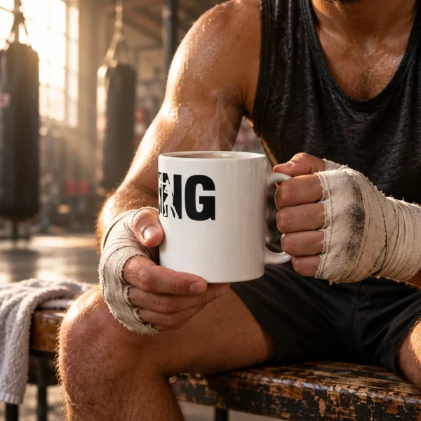Mug blanc brillant imprimé du mot « BOXING » en lettres noires, avec les silhouettes de deux boxeurs en négatif dans le « I » et le « N ».