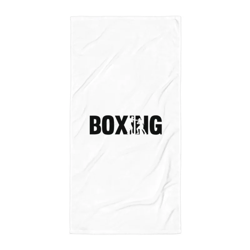 Serviette de plage blanche avec le mot « BOXING » en lettres noires, où deux silhouettes de boxeurs en plein échange se détachent en négatif. (Blanc, mockup principal)