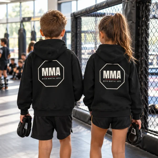 Sweat à capuche enfant vu de dos, imprimé d'un logo « MMA » noir dans un contour octogonal avec un trait rouge et la mention « Mixed Martial Arts ».