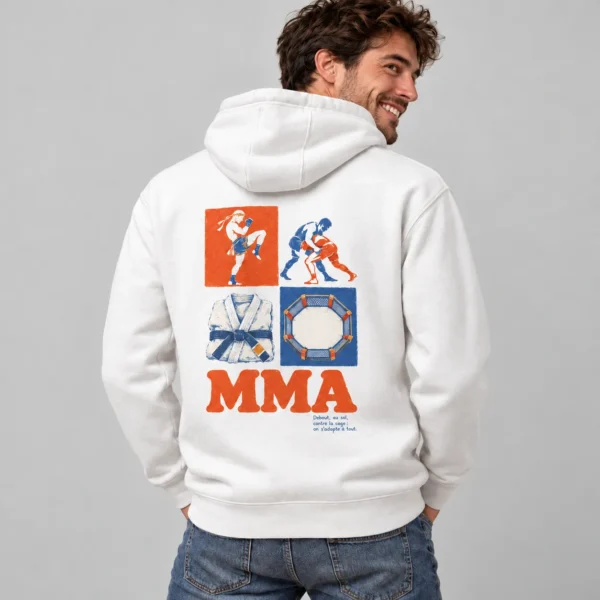 Sweat à capuche unisexe imprimé de quatre vignettes vintage orange et bleu (muay-thaï, lutte, kimono ceinture bleue, cage octogonale) au-dessus du titre « MMA ».