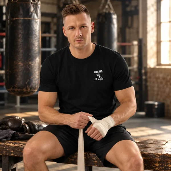 T-shirt unisexe avec, sur le cœur, un design blanc montrant des gants de boxe devant une étoile et le texte « BOXING is Life ».