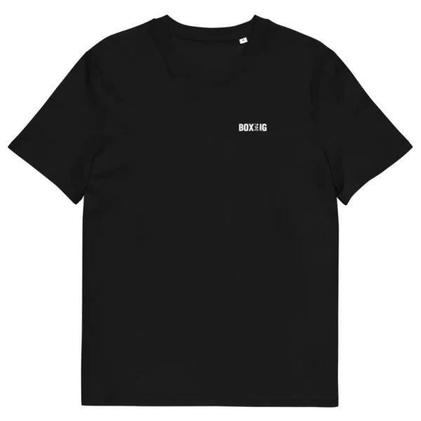T-shirt unisexe avec, côté cœur, le mot « BOXING » en lettres noires où deux silhouettes de boxeurs en plein échange sont découpées en négatif dans le « I » et le « N ». (Noir, à plat)
