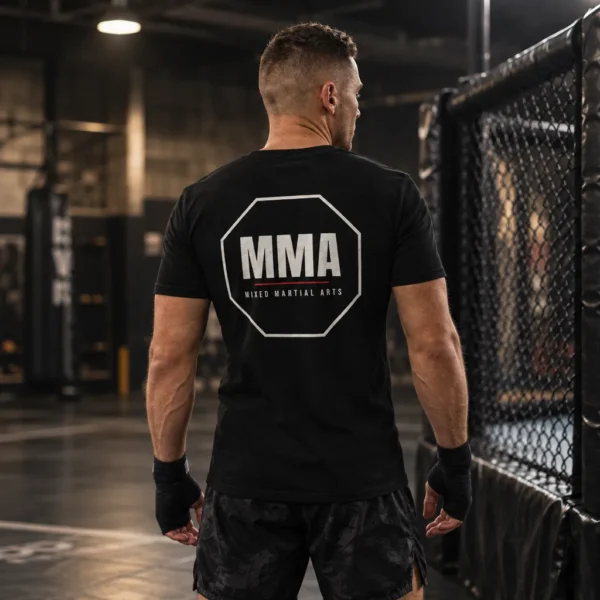T-shirt unisexe avec, imprimé dans le dos, un logo « MMA » en lettres noires dans un contour octogonal, souligné d'un trait rouge et accompagné de la mention « Mixed Martial Arts ».