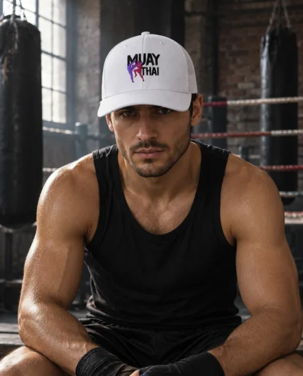 Casquette Muay Thaï Coin Rouge Coin Bleu portée à la salle