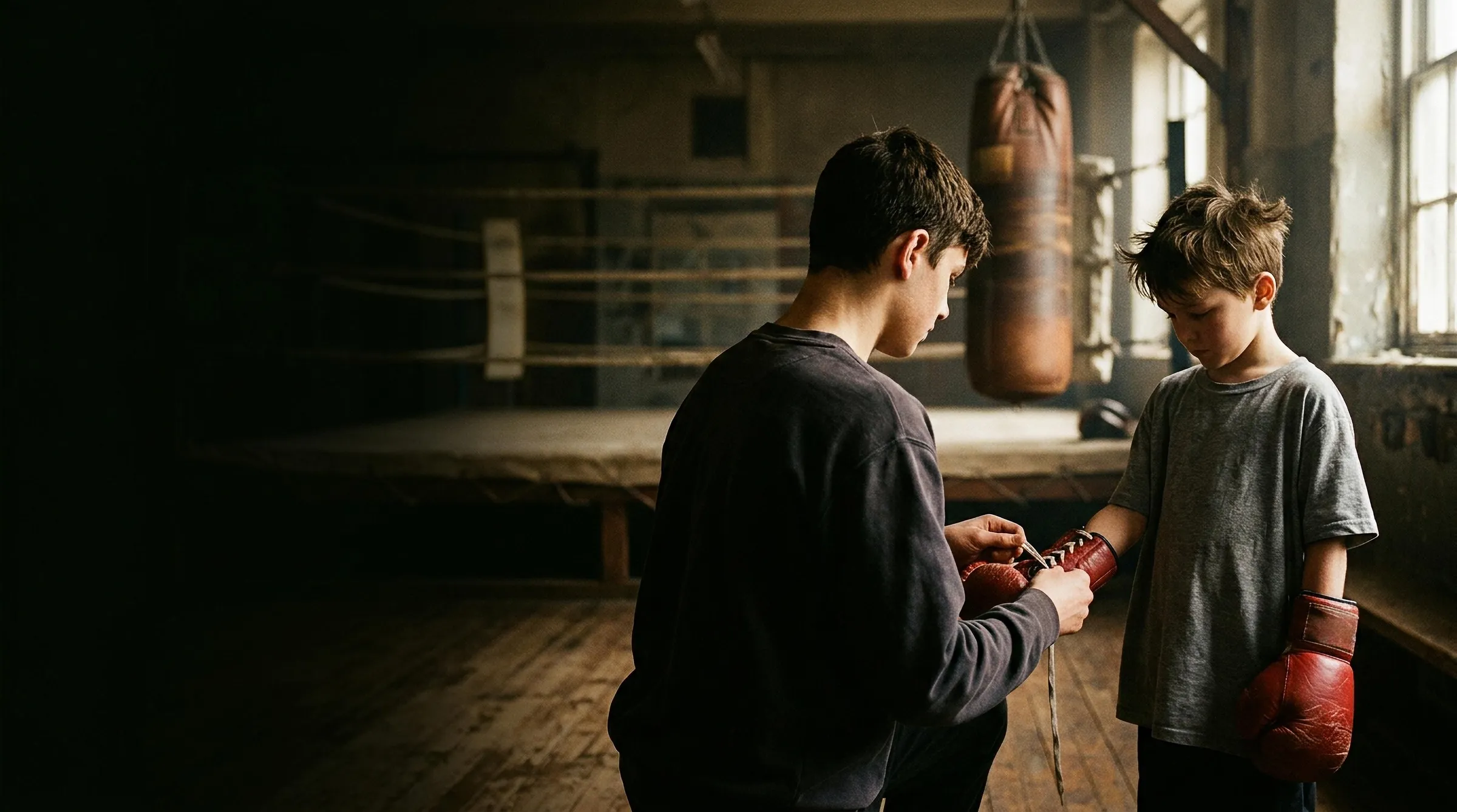 Un grand frère lace les gants de boxe de son petit frère dans une vieille salle de boxe